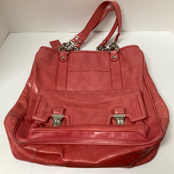 Coach Poppy Camellia Leather Pushlock Tote Shoulder Handbag  Pink - Picture 1 of 16